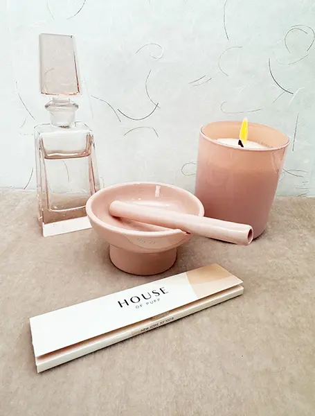Pink Pipe, Rolling Papers, Ashtray, Candle and Perfume Decanter